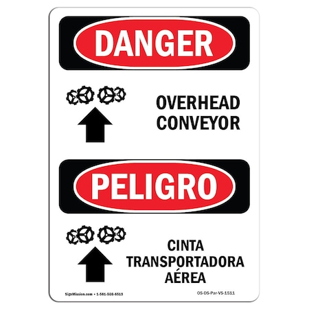 Signmission OSHA Sign, Overhead Conveyor Bilingual, 5in X 3.5in Decal, 10PK, 3.5" W, 5" H, Spanish, PK10 OS-DS-D-35-VS-1511-10PK